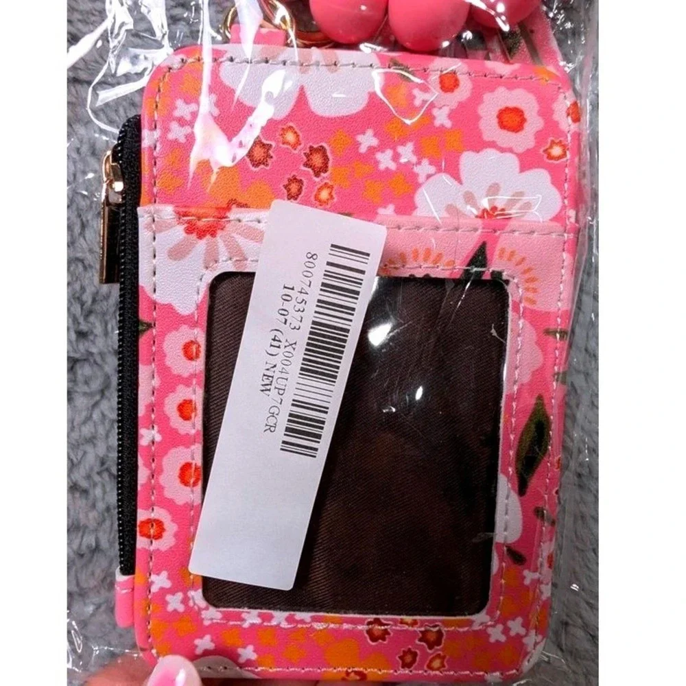 Unbranded Card Holder Keychain Women OS Pink Floral Wristlet Tassel Zipper